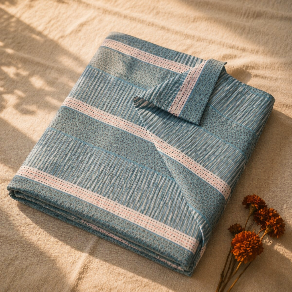 Marigold Teal and Off-White Block-Printed Bedsheet, The Linen Room. Handmade in India by House of Taraasha.