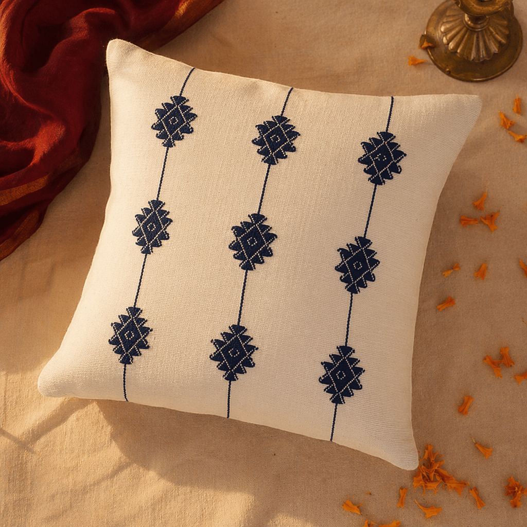 Naga Indigo Bloom Backstrap-Loom Floral Cushion Cover, The Living Room. Handmade in India by House of Taraasha.