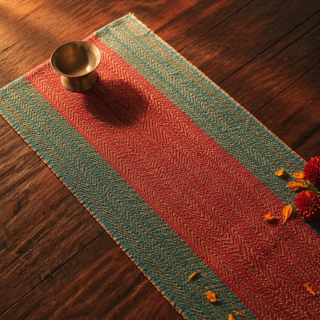 Madur Teal & Red Handwoven Grass Runner, The Gathered Table. Handmade in India by House of Taraasha.