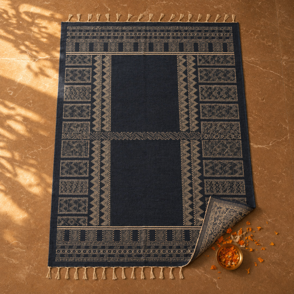 Jaipuri Dark Blue Hand-Printed Cotton Floor Rug, The Woven Floor. Handmade in India by House of Taraasha.