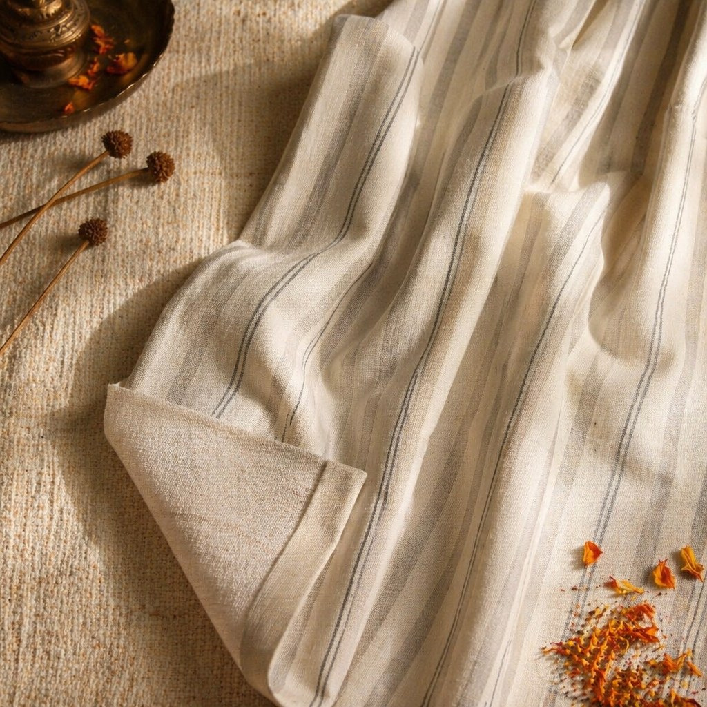 Handwoven Stripe Off-White and Charcoal Cotton Curtain, The Draped Window. Handmade in India by House of Taraasha.