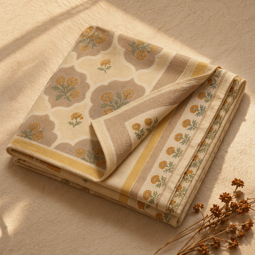 Jaali Ivory and Taupe Block-Printed Bed Cover, The Linen Room. Handmade in India by House of Taraasha.