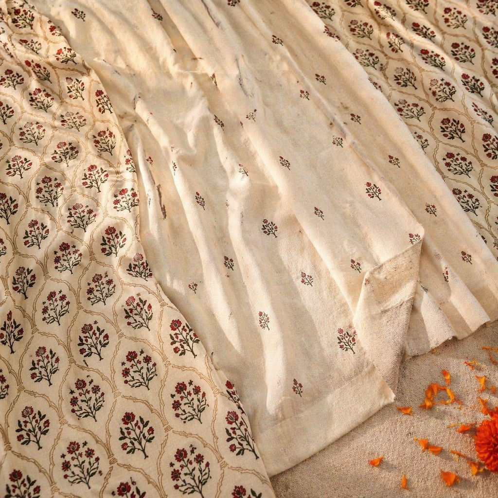 Royal Courtyards Rust & Maroon Printed-Sheer Set of Four, The Draped Window. Handmade in India by House of Taraasha.