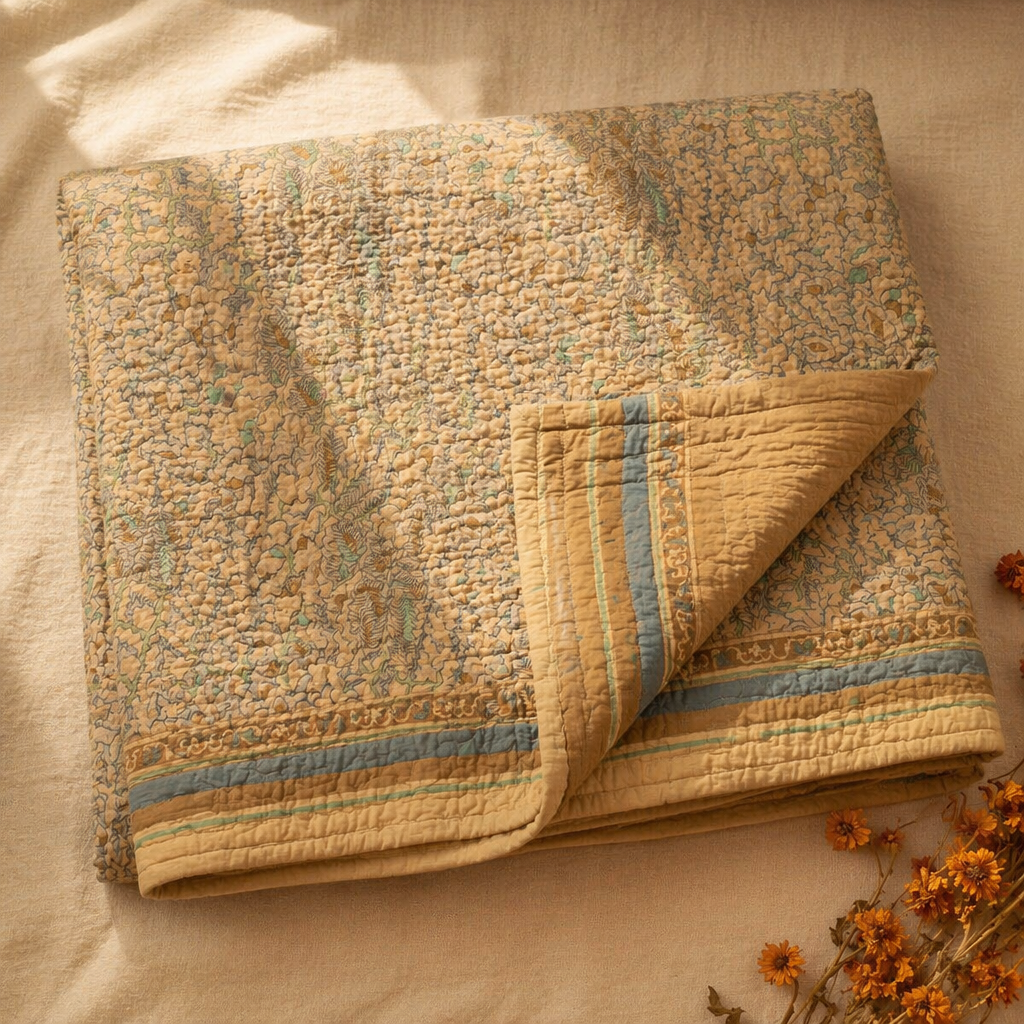 Ivory Taupe & Powder Blue Chintz-Inspired Quilt, The Linen Room. Handmade in India by House of Taraasha.