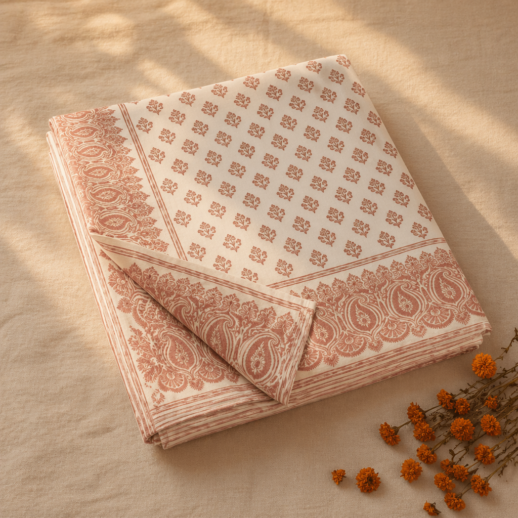 Sanganer Hand-Printed Cotton Bedsheet, Peach & Ivory, The Linen Room. Handmade in India by House of Taraasha.