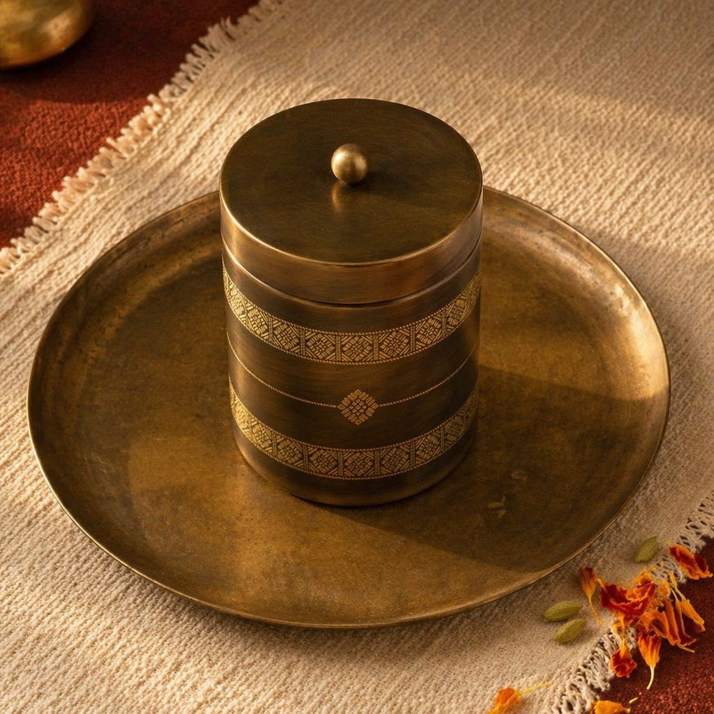 Antique-Finish Kanjeevaram Etched Pure Brass Kitchen Jar, The Brass Atelier. Handmade in India by House of Taraasha.