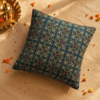 Ajrakh Green and Indigo Embroidered Cushion Cover, The Living Room. Handmade in India by House of Taraasha.