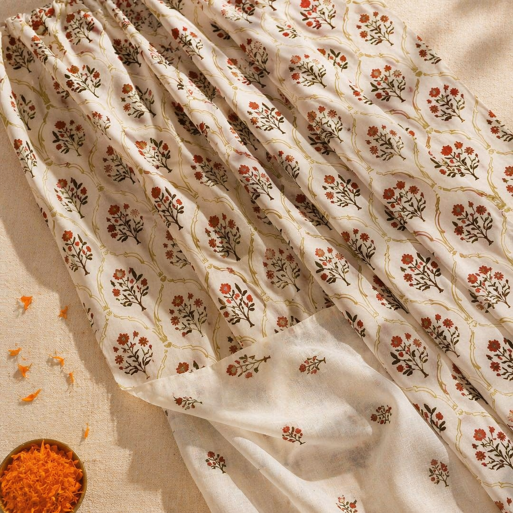 Royal Courtyards Rust & Maroon Printed-Sheer Set of Three, The Draped Window. Handmade in India by House of Taraasha.