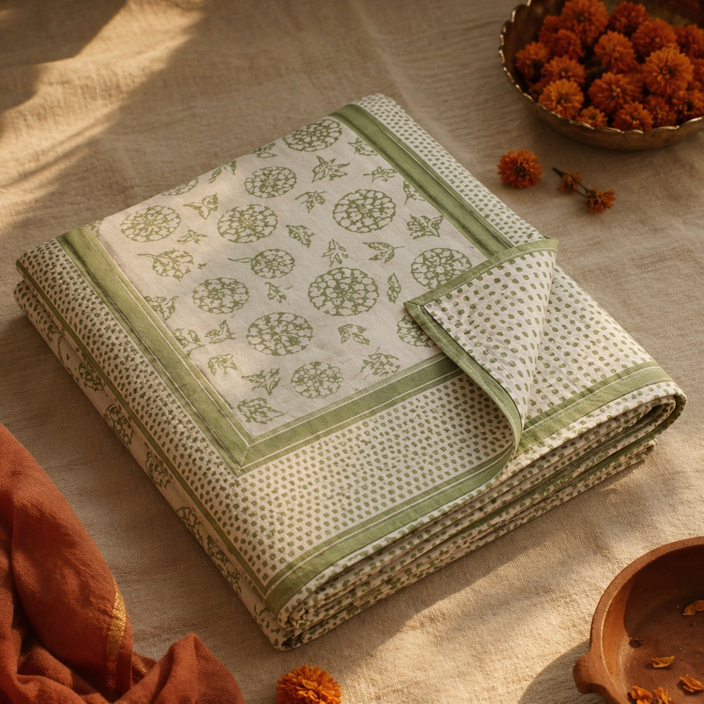 Marigold Fern Green and Off-White Bedsheet, The Linen Room. Handmade in India by House of Taraasha.