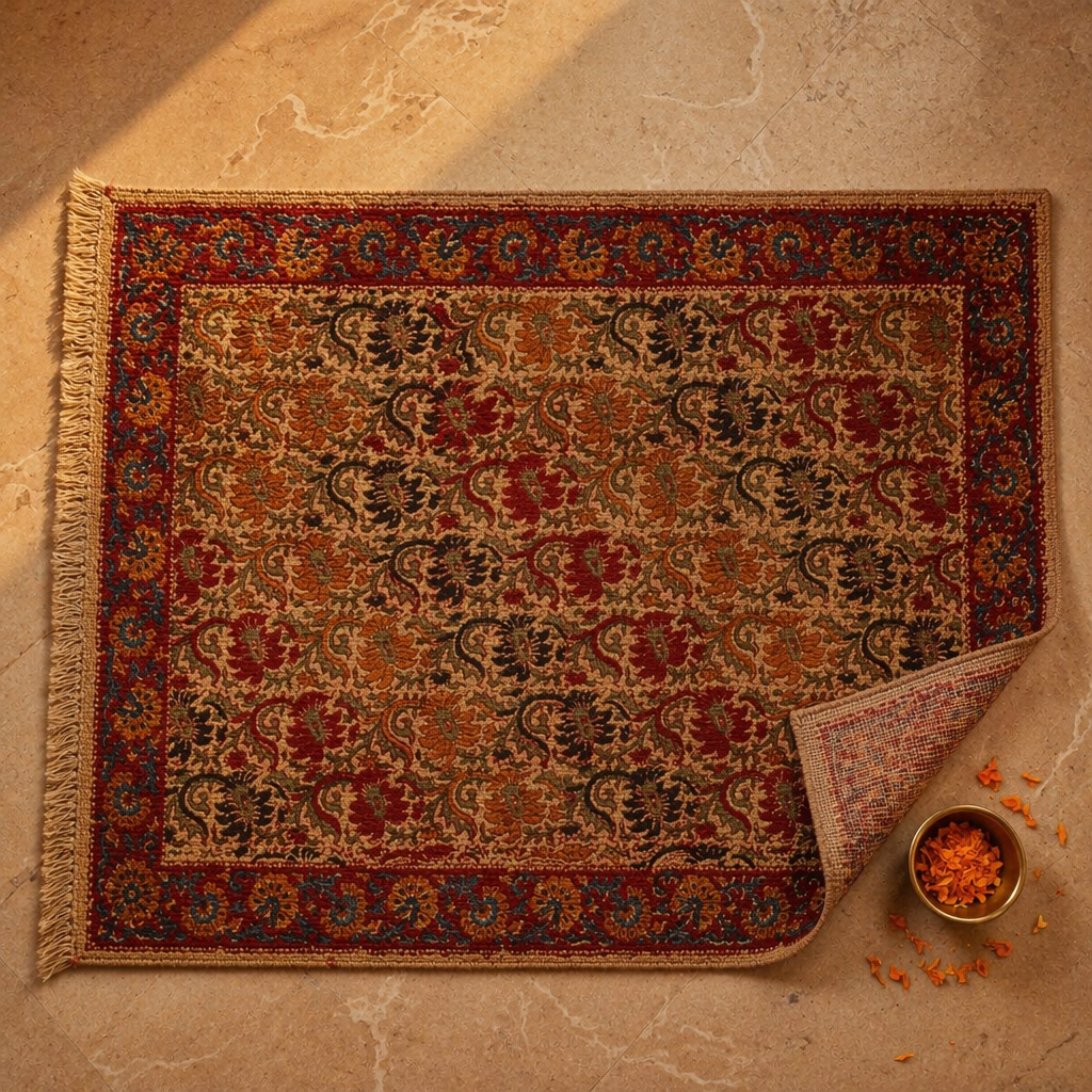 Kalamkari Earth Tones Floral Block-Printed Cotton Rug, The Woven Floor. Handmade in India by House of Taraasha.