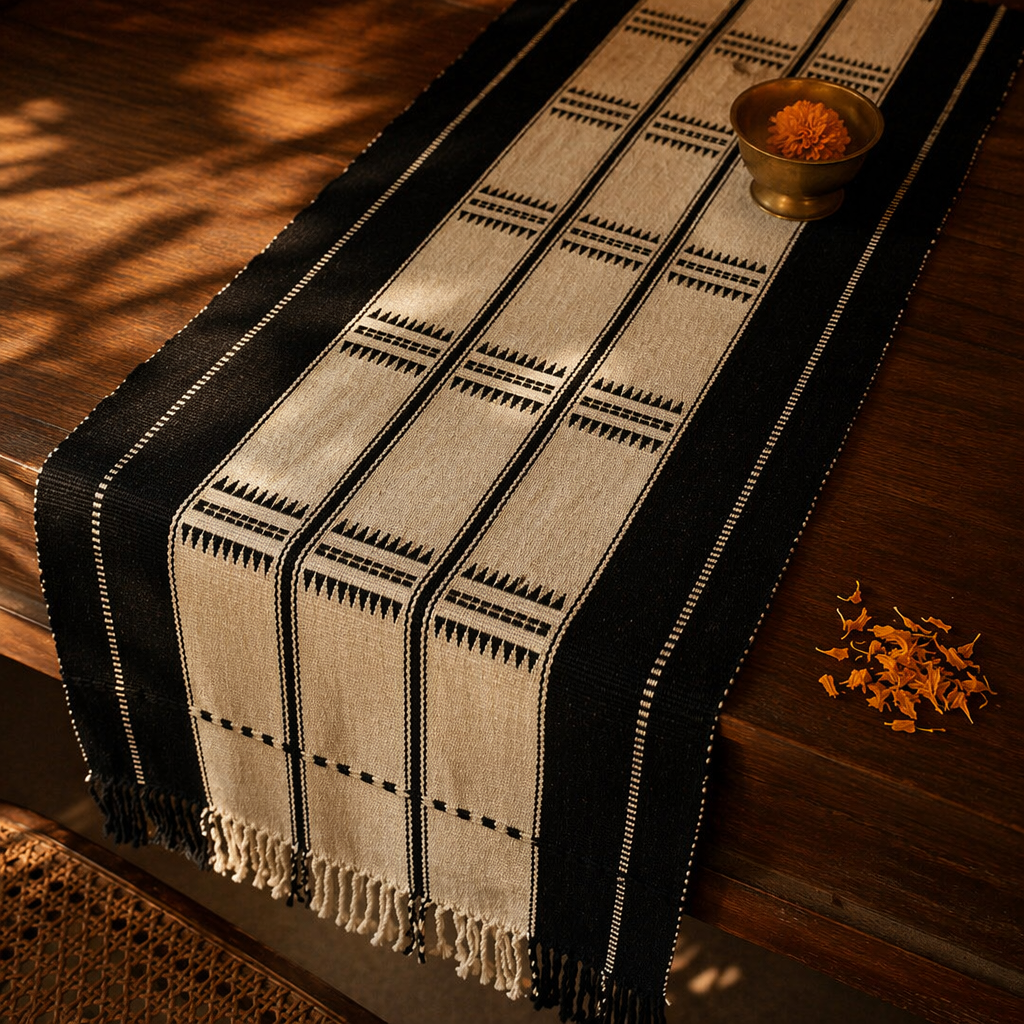 Naga Backstrap-Woven Runner Monochrome Stripe, The Gathered Table. Handmade in India by House of Taraasha.