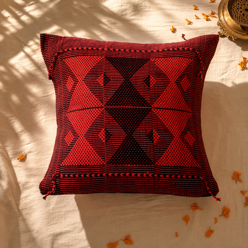 Naga Tribal Backstrap-Woven Red and Black Pattern Cushion Cover, The Living Room. Handmade in India by House of Taraasha.