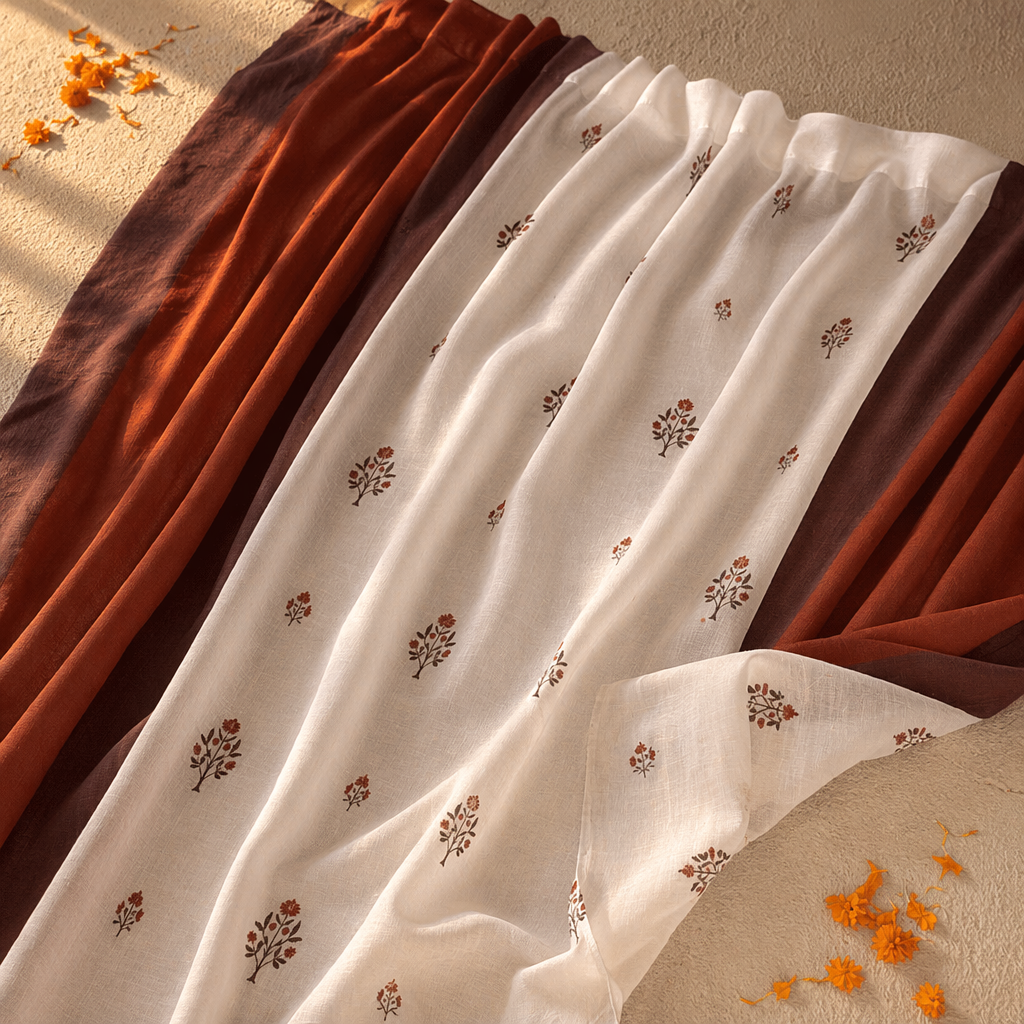 Royal Courtyards Blue & Dusty Pink Woven-Sheer Set of Four, The Draped Window. Handmade in India by House of Taraasha.
