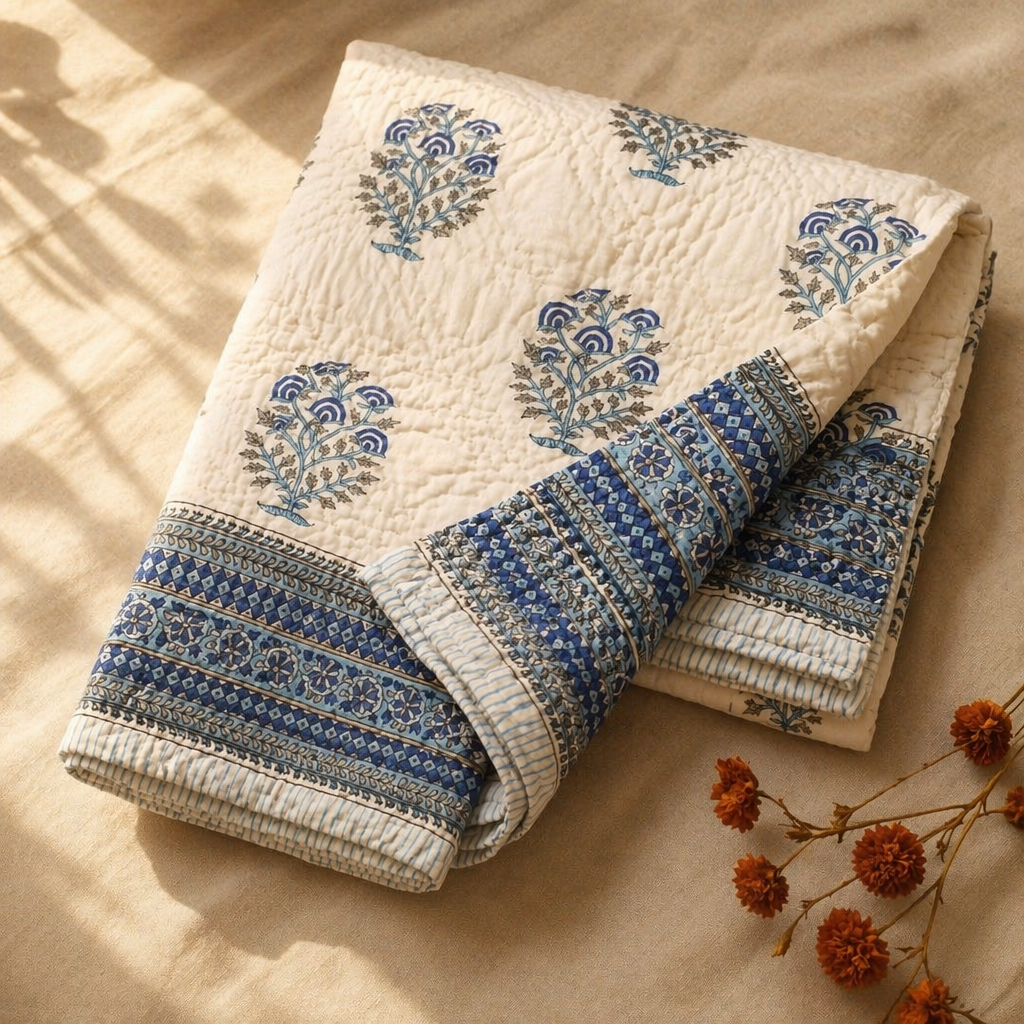 Blue Mist Reversible Jaipuri Razai, The Linen Room. Handmade in India by House of Taraasha.