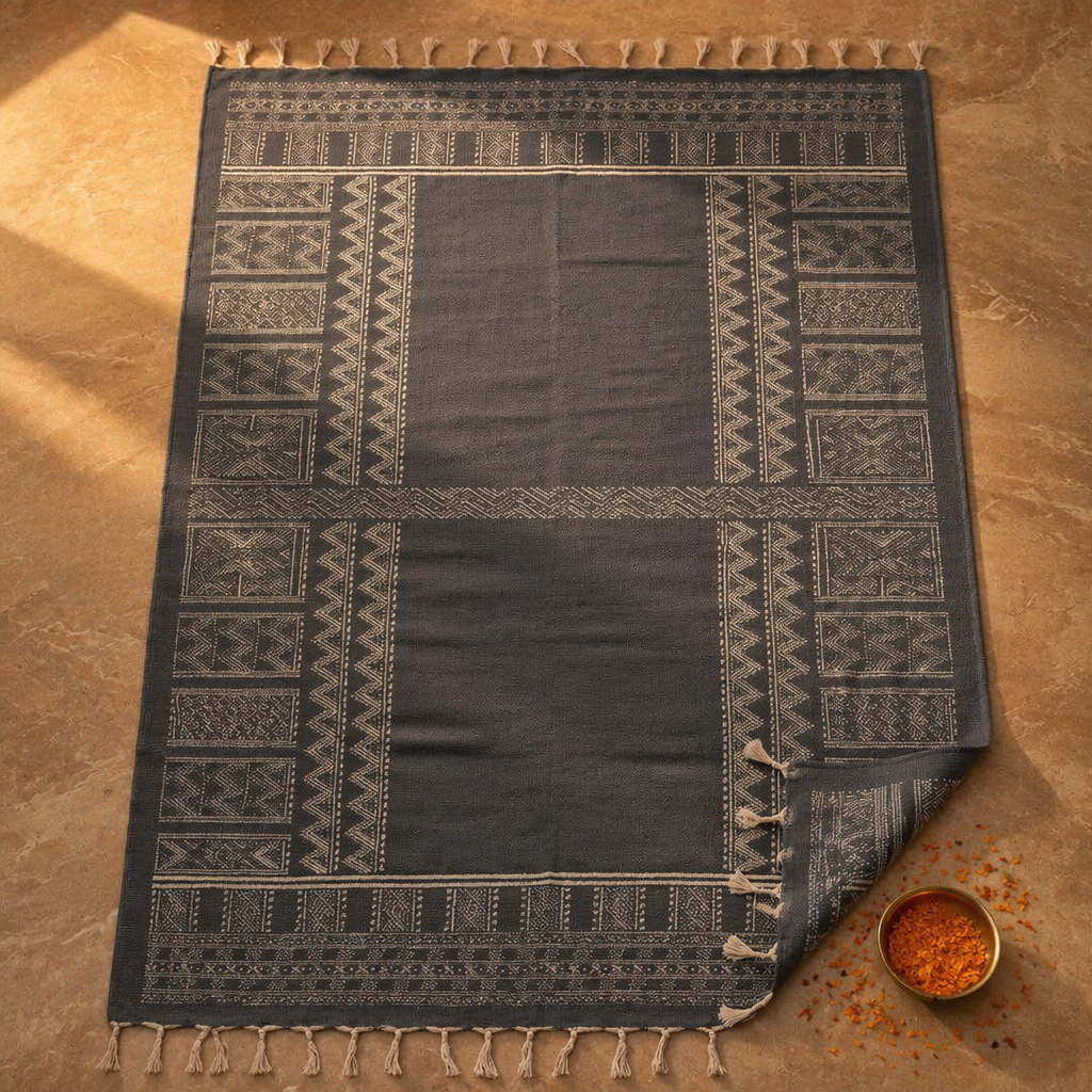 Jaipuri Grey Hand-Printed Cotton Floor Rug, The Woven Floor. Handmade in India by House of Taraasha.
