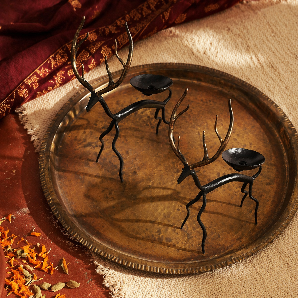 Golden Deer Bastar Lohshilp Wrought Iron Tea Lights, Still Light. Handmade in India by House of Taraasha.