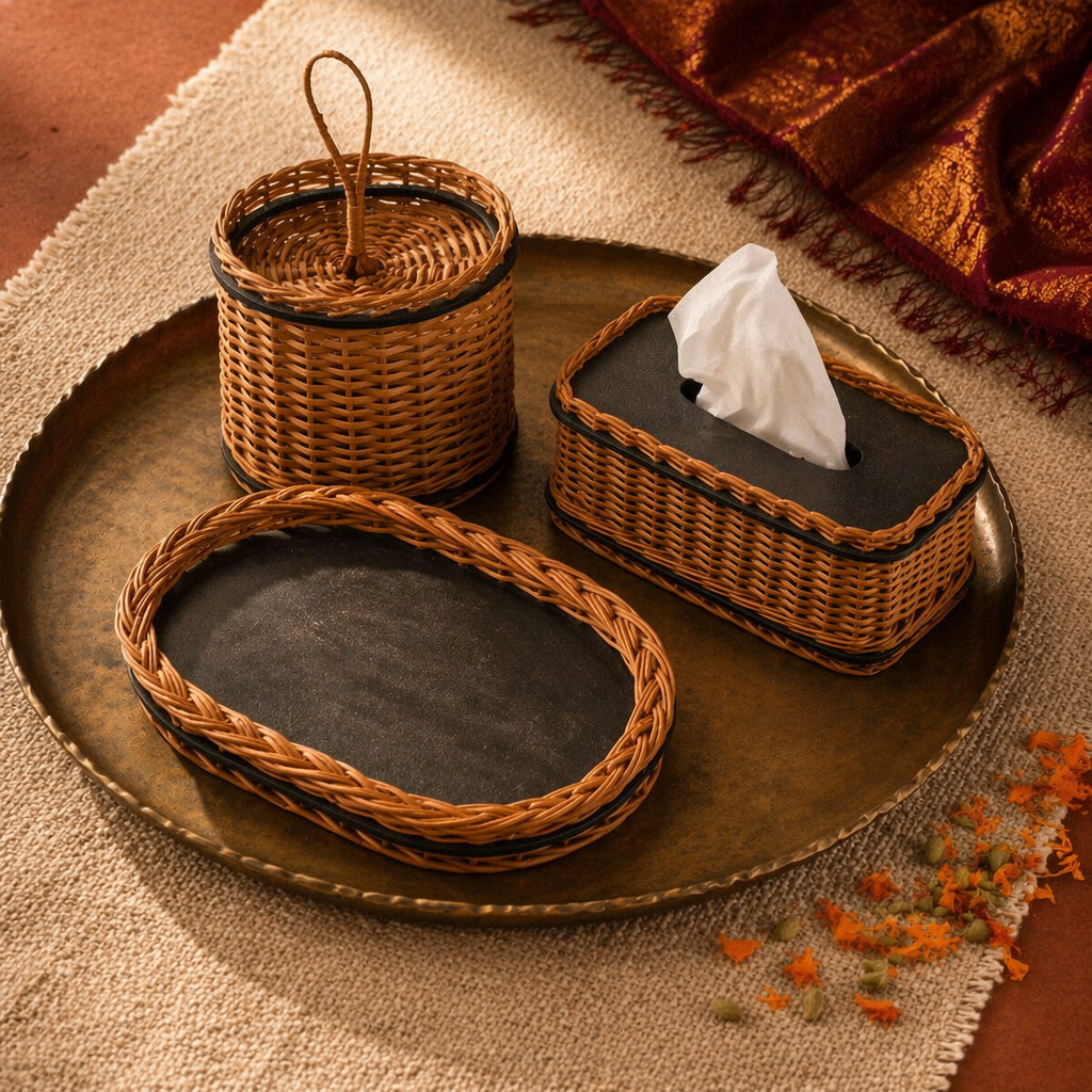 Kashmir Willow Tray, Cutlery Caddy & Tissue Box, The Brass Atelier. Handmade in India by House of Taraasha.