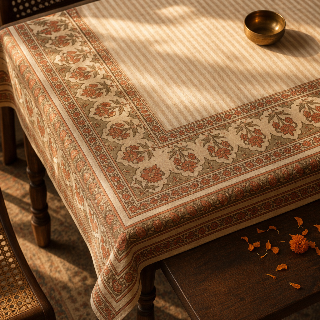 Dusty Pink Floral Cotton Tablecloth & Mat Set, The Gathered Table. Handmade in India by House of Taraasha.