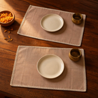 Crochet-Edged Table Mats Taupe and Off-White, The Gathered Table. Handmade in India by House of Taraasha.