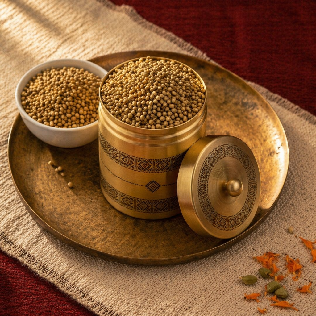 Kanjeevaram Etched Pure Brass Kitchen Storage Jar, The Brass Atelier. Handmade in India by House of Taraasha.