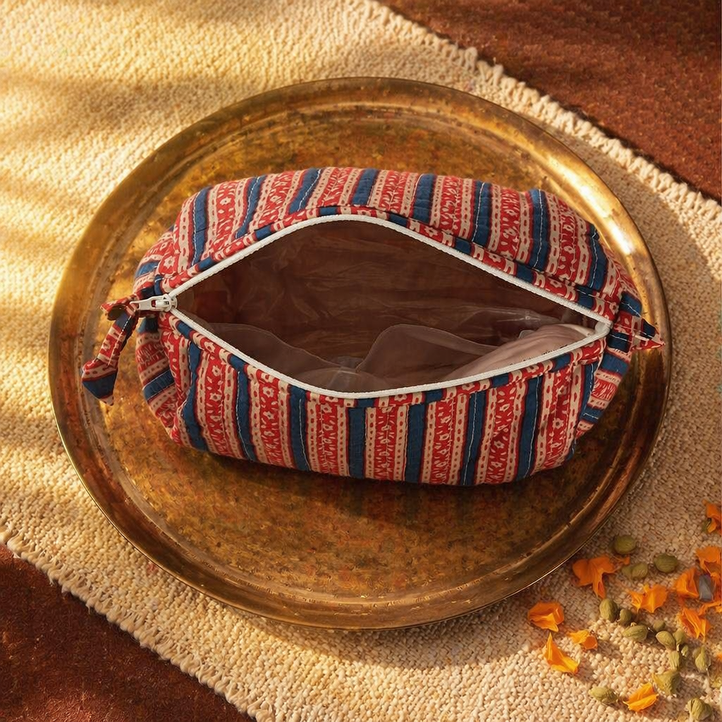 Quilted Block-Print Pouch Red and Blue, Small, The Gift Room. Handmade in India by House of Taraasha.