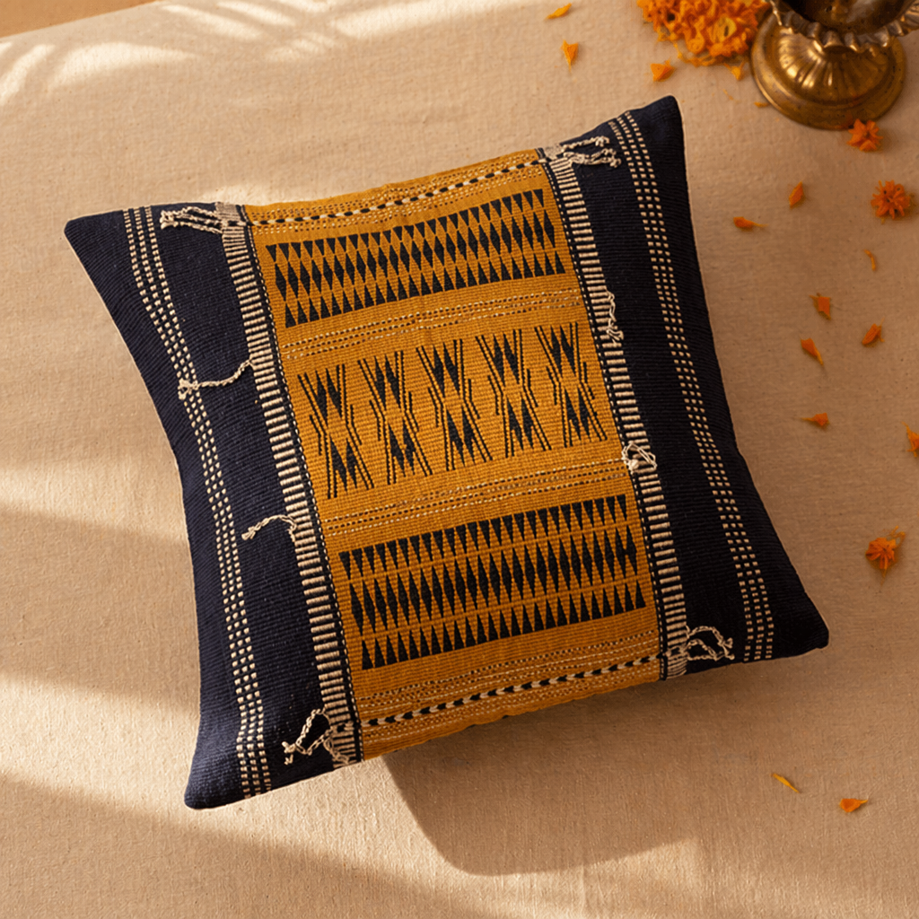 Naga Tribal Backstrap-Woven Mustard and Black Cushion Cover, The Living Room. Handmade in India by House of Taraasha.