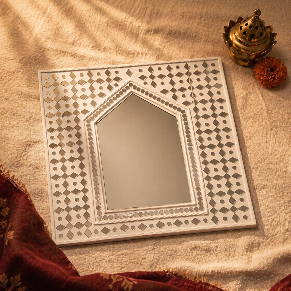 Lippan Hut Mirror White Clay and Glass, The Art Wall. Handmade in India by House of Taraasha.