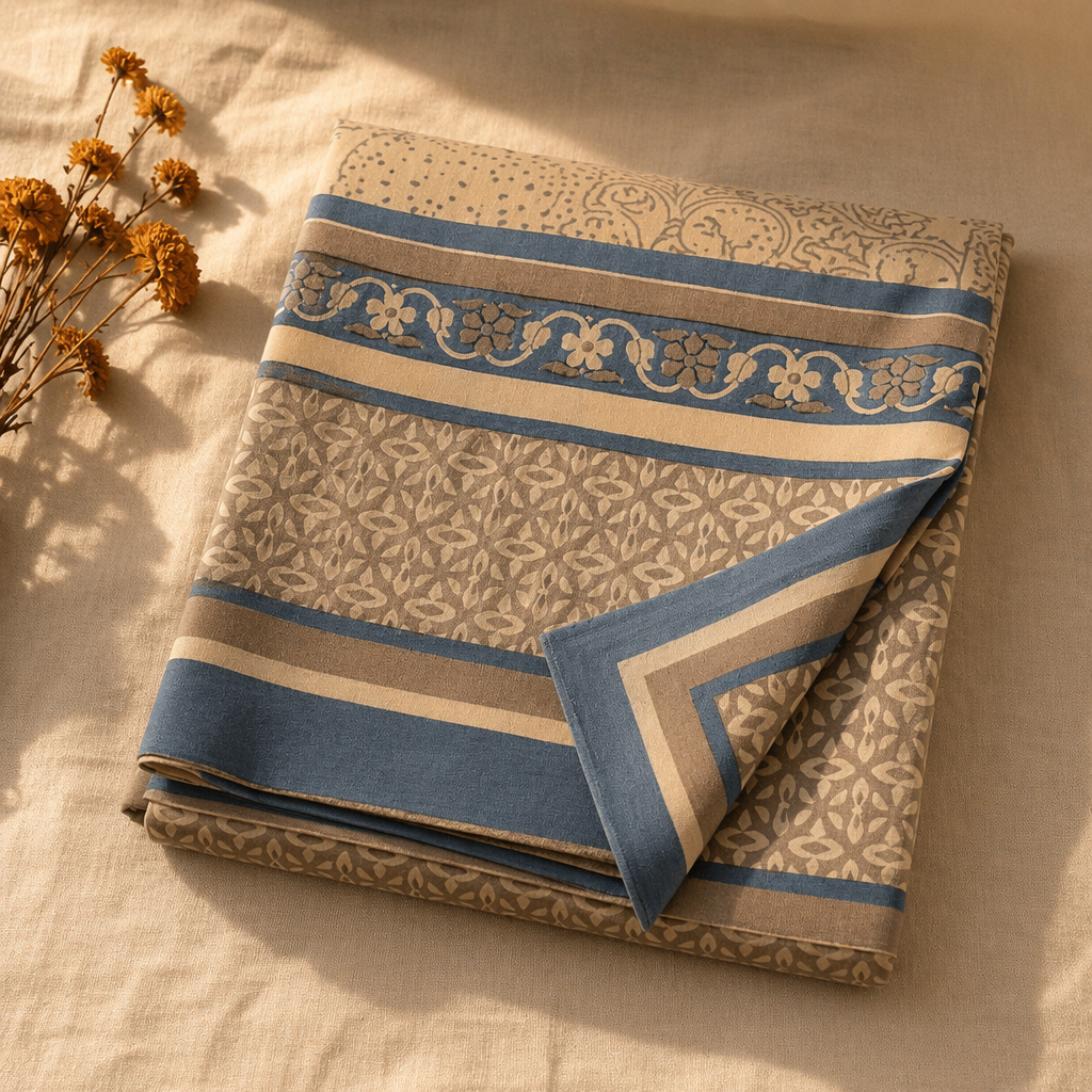 Chintz Taupe and Navy Blue Bedsheet, The Linen Room. Handmade in India by House of Taraasha.