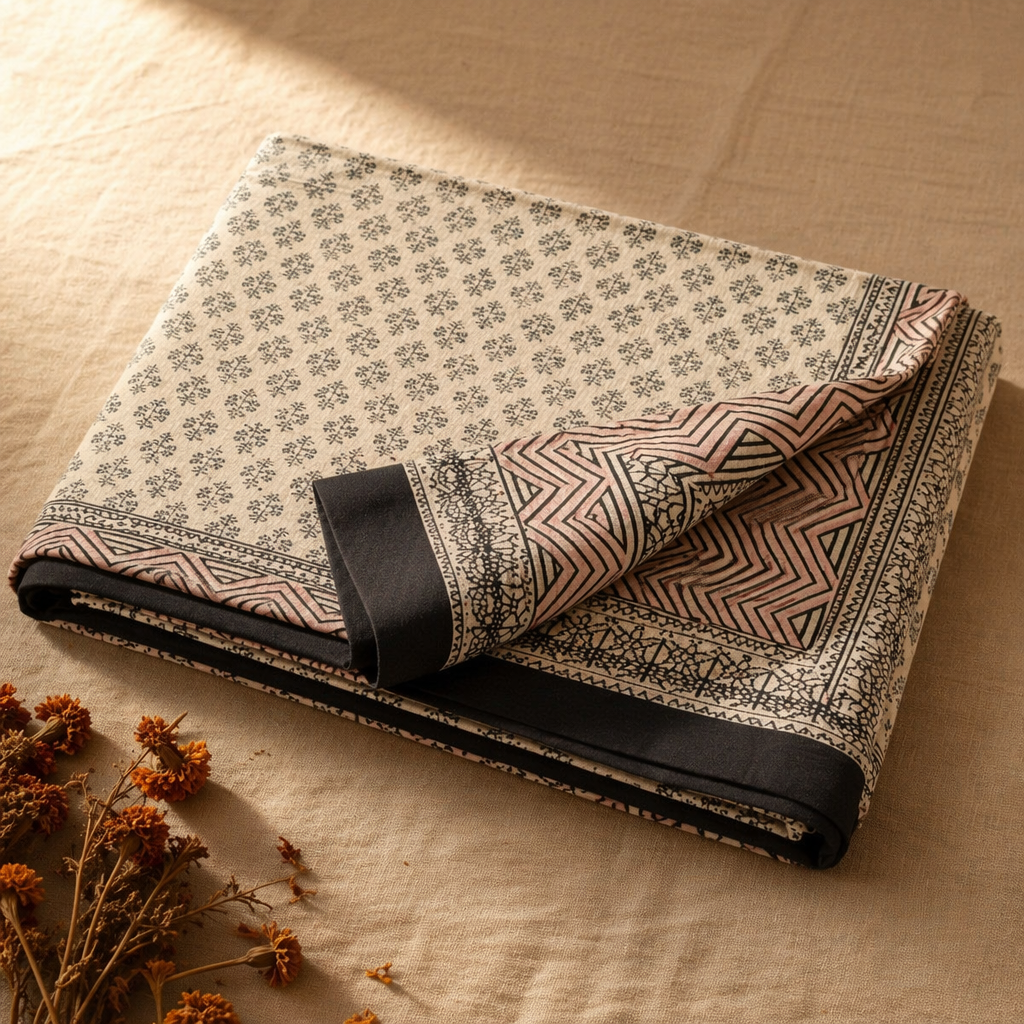 Bagru Floral Cotton Bedsheet with Pillow Covers, The Linen Room. Handmade in India by House of Taraasha.