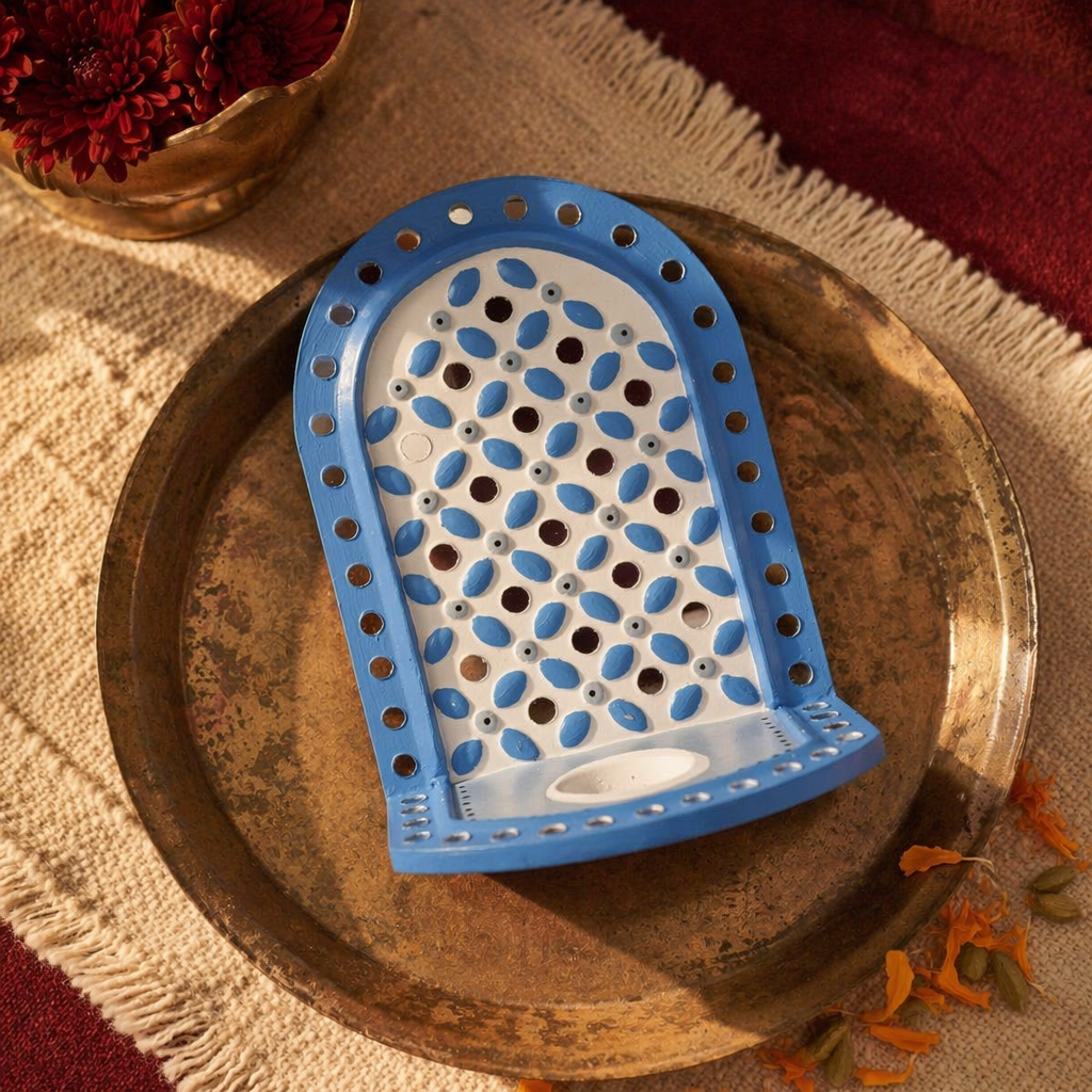 Blue Lippan Mud and Mirror Tea Light Holder, Still Light. Handmade in India by House of Taraasha.