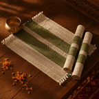 Olive Green & Off-White Madur Grass Table Mat, The Gathered Table. Handmade in India by House of Taraasha.