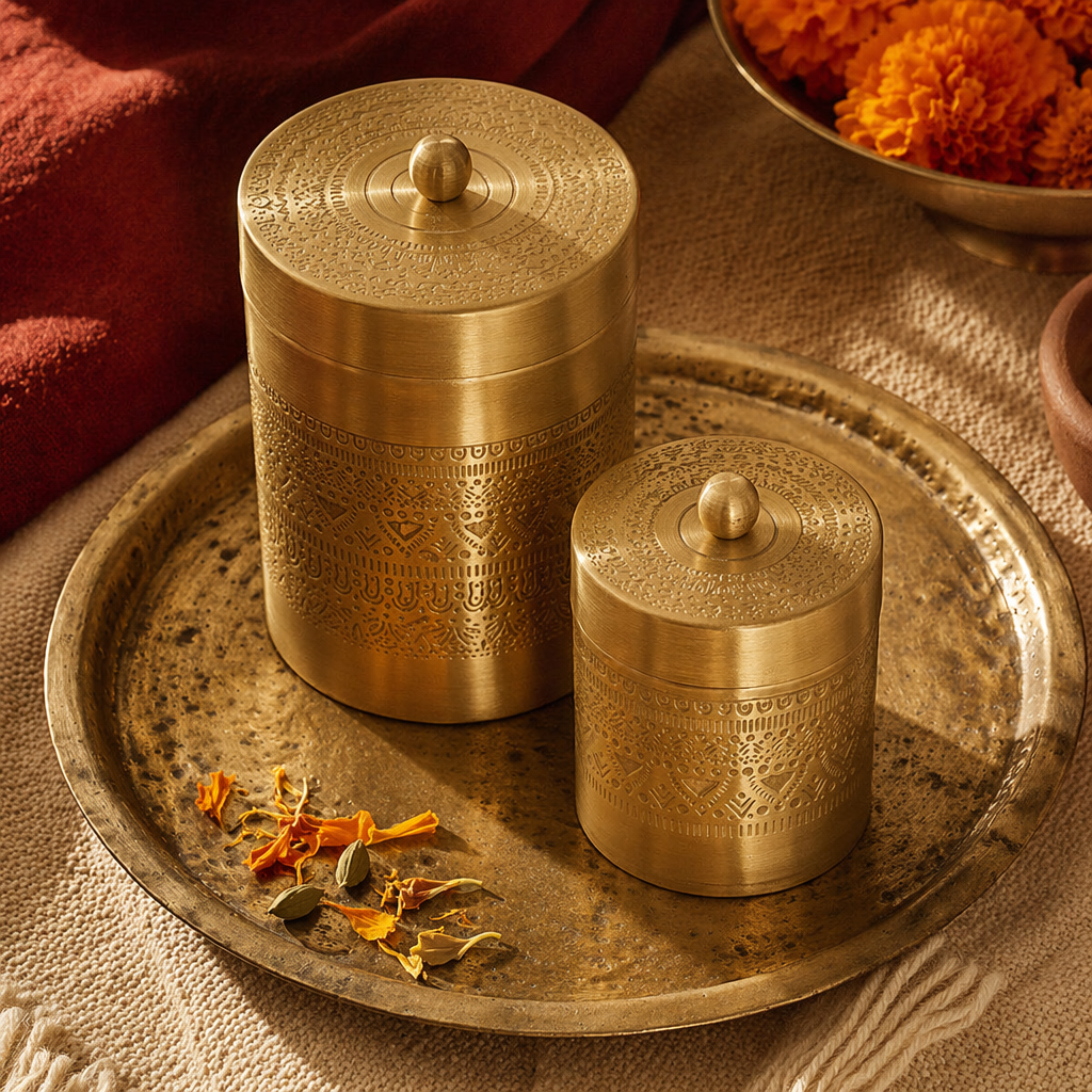 Moradabad Floral-Etched Brass Dabba Set of Two, The Brass Atelier. Handmade in India by House of Taraasha.
