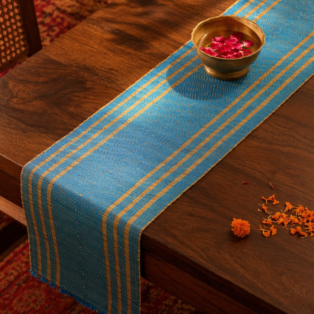 Madur Blue Handwoven Grass Runner, 4-Seater, The Gathered Table. Handmade in India by House of Taraasha.