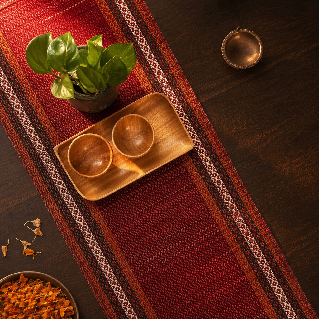 Madur Beige Handwoven Grass Table Runner, The Gathered Table. Handmade in India by House of Taraasha.
