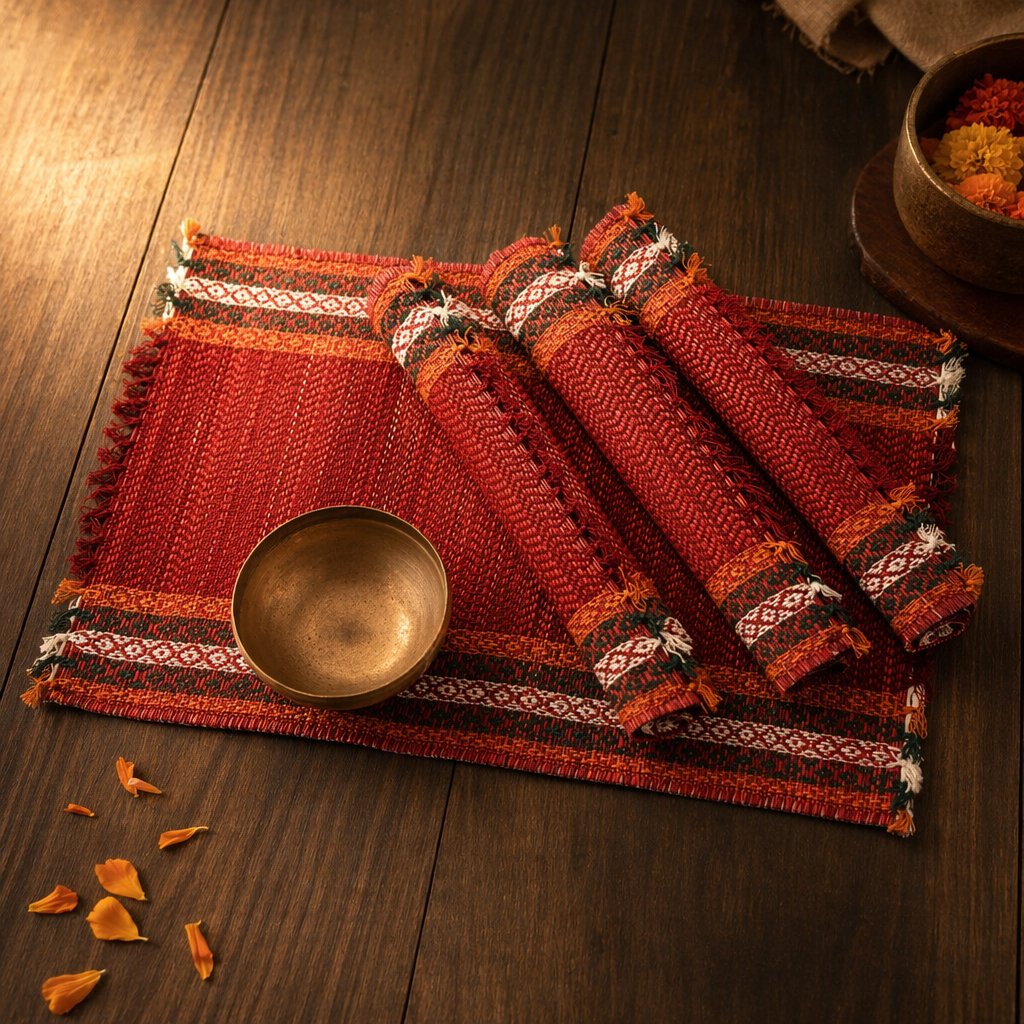 Ruby Red Handwoven Grass Table Mat, The Gathered Table. Handmade in India by House of Taraasha.