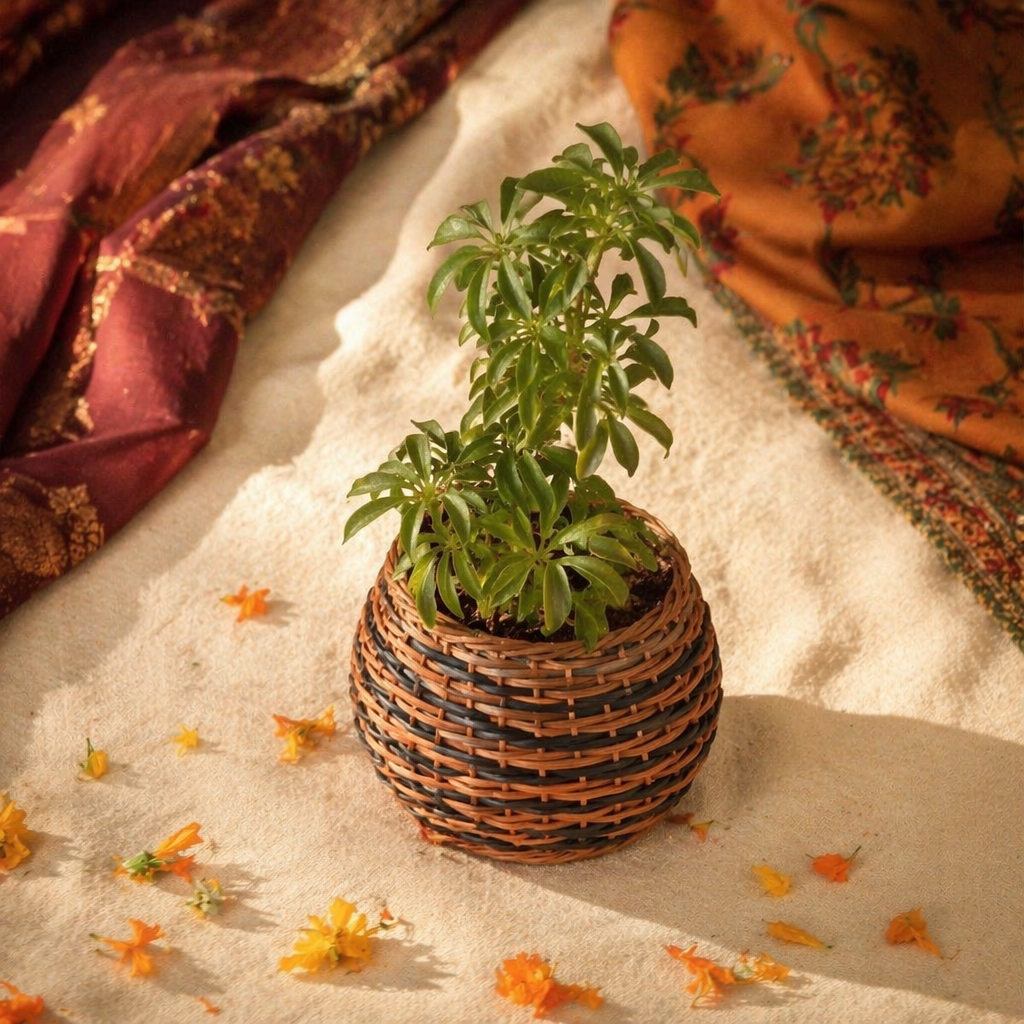 Indigo and Brown Kashmiri Willow Wicker Planter Trio, The Art Wall. Handmade in India by House of Taraasha.