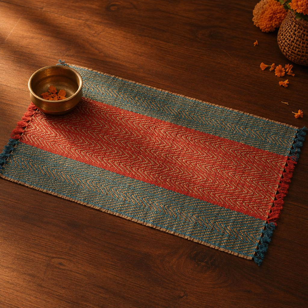 Crystal Teal & Red Madur Grass Table Mat, The Gathered Table. Handmade in India by House of Taraasha.