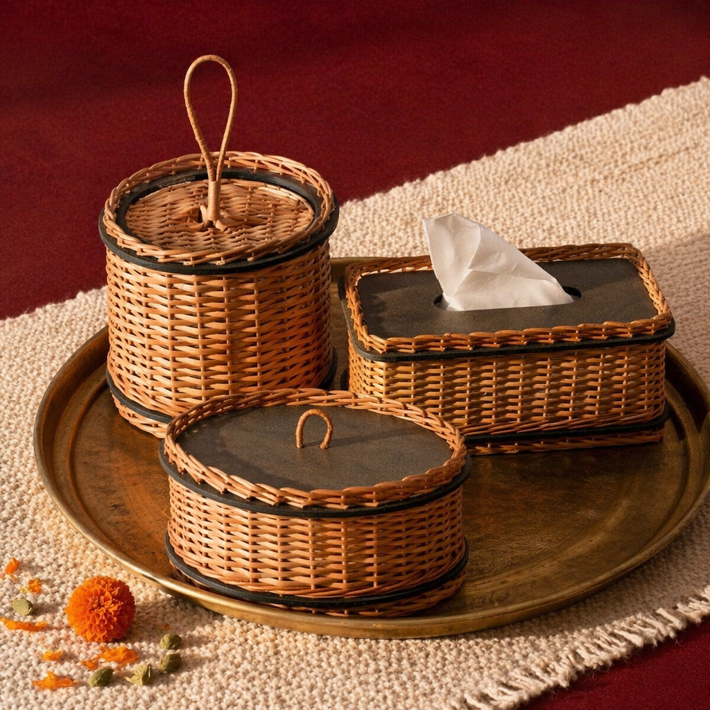Kashmir Willow Storage Box, Tissue Box & Cutlery Caddy, The Wicker House. Handmade in India by House of Taraasha.