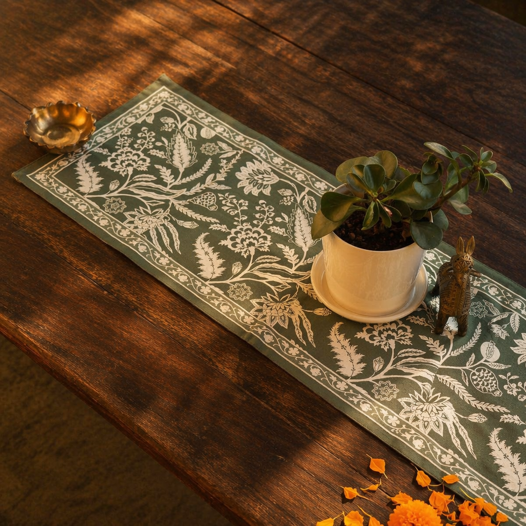 Cotton Canvas Runner Aqua Green, The Gathered Table. Handmade in India by House of Taraasha.