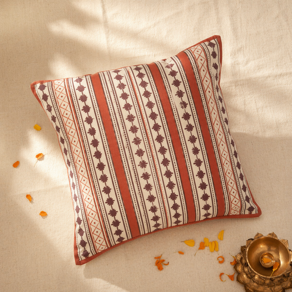 Maroon & Black Hand Block-Printed Cotton Cushion Cover, The Living Room. Handmade in India by House of Taraasha.