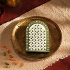 Green Lippan Mud and Mirror Tea Light Holder, Still Light. Handmade in India by House of Taraasha.