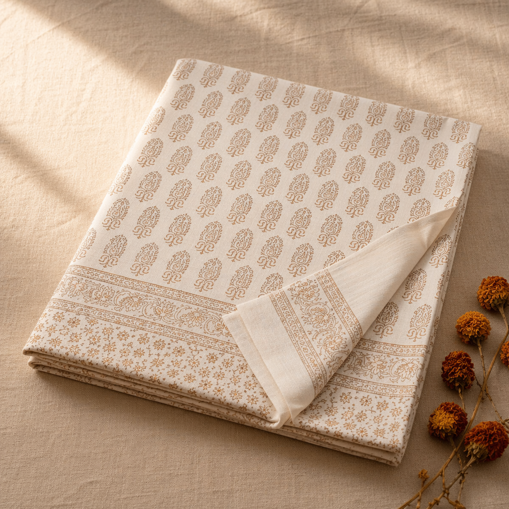 Gold on White Hand-Printed Cotton Bed Cover, The Linen Room. Handmade in India by House of Taraasha.