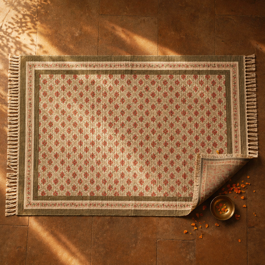 Green and Dusty Pink Royal Courtyards Floral Rug, The Woven Floor. Handmade in India by House of Taraasha.