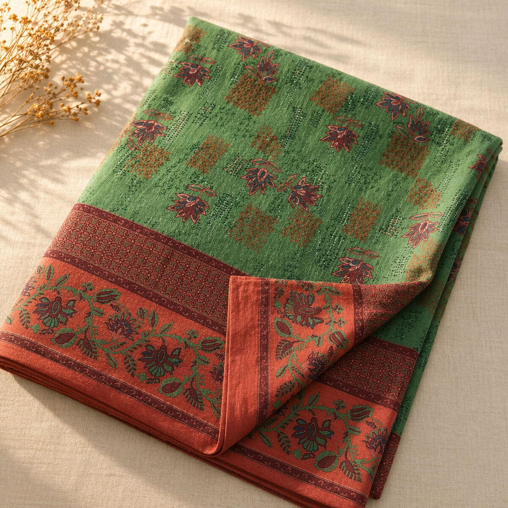 Chintz Revival Green and Brick Red Bed Cover, The Linen Room. Handmade in India by House of Taraasha.