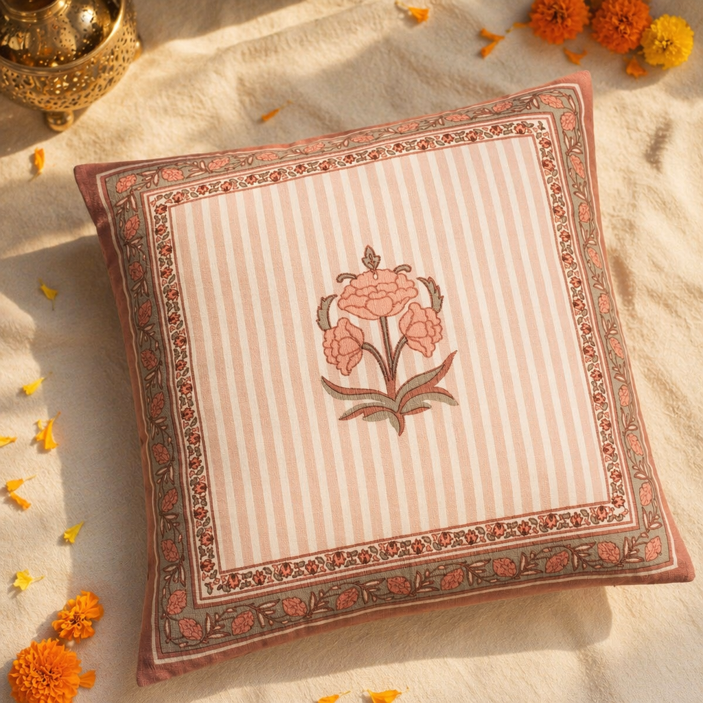 Royal Courtyards Dusty Pink Floral Cotton Cushion Cover, The Living Room. Handmade in India by House of Taraasha.