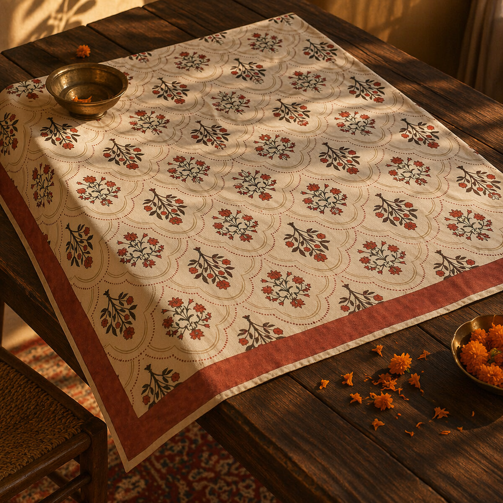Rust & Maroon Ornate Floral Cotton Tablecloth, The Gathered Table. Handmade in India by House of Taraasha.