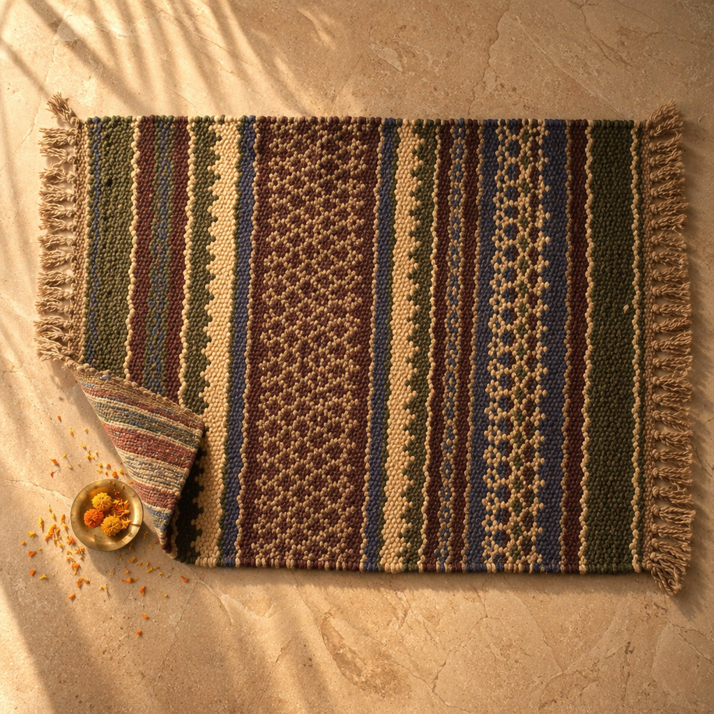 Punja-Woven Geometric Green Jute and Wool Rug, The Woven Floor. Handmade in India by House of Taraasha.