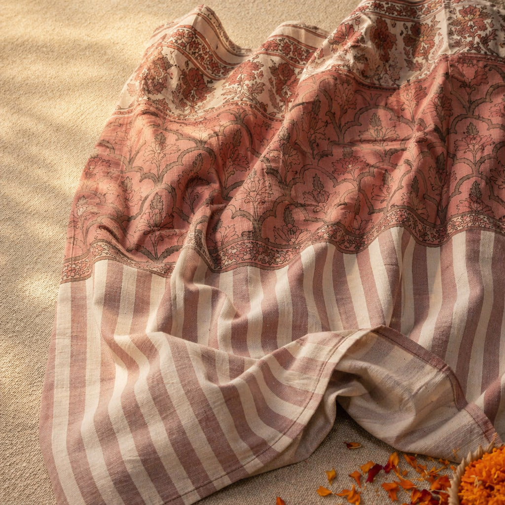 Dusty Pink and Off-White Floral Stripe Cotton Door Curtain, The Draped Window. Handmade in India by House of Taraasha.