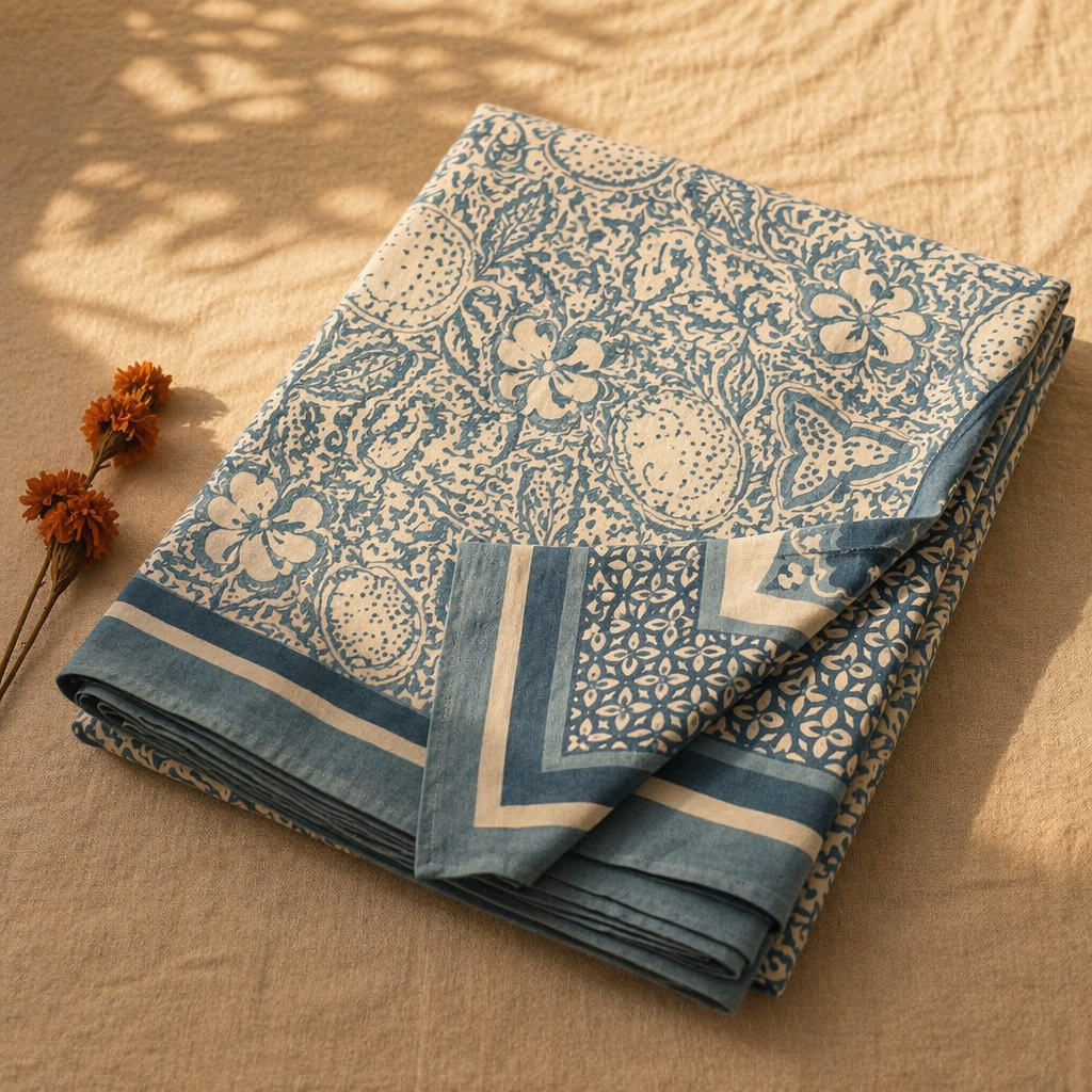 Marigold Ivory and Navy Bedsheet, The Linen Room. Handmade in India by House of Taraasha.