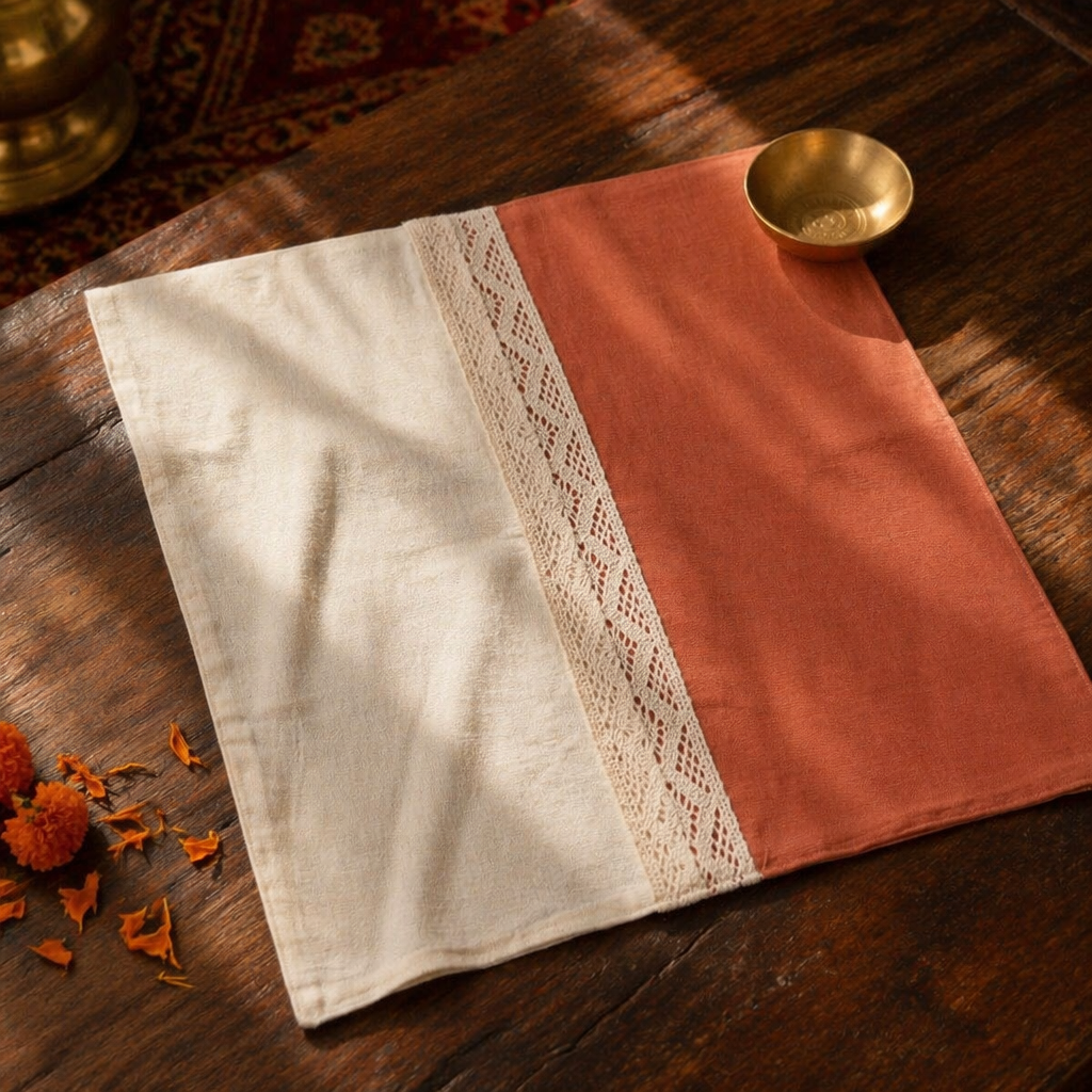 Crochet-Edged Runner Rust and Off-White, The Gathered Table. Handmade in India by House of Taraasha.